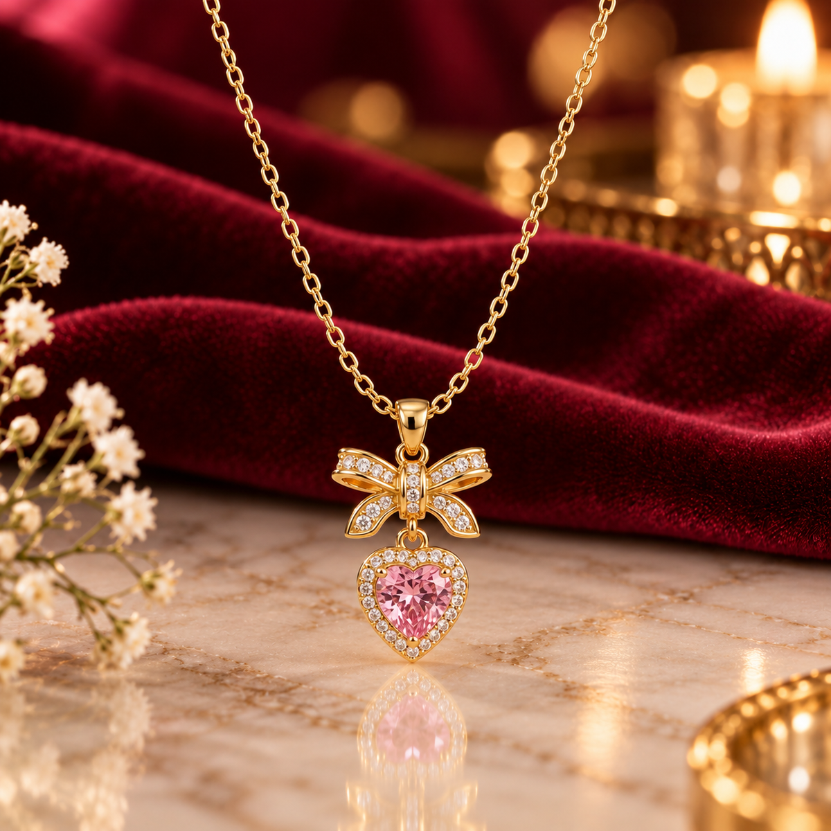 Pink Heart Bow Necklace