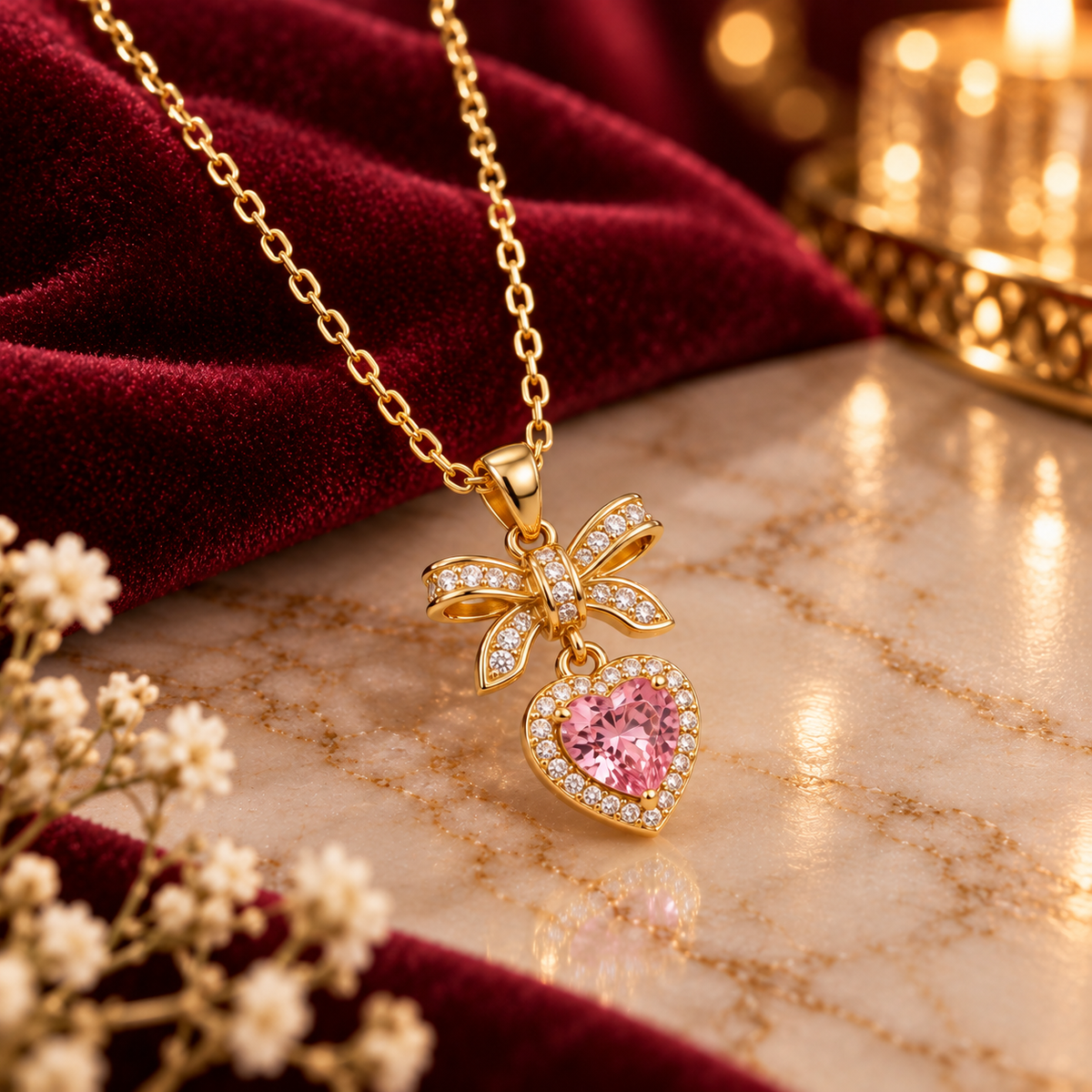 Pink Heart Bow Necklace